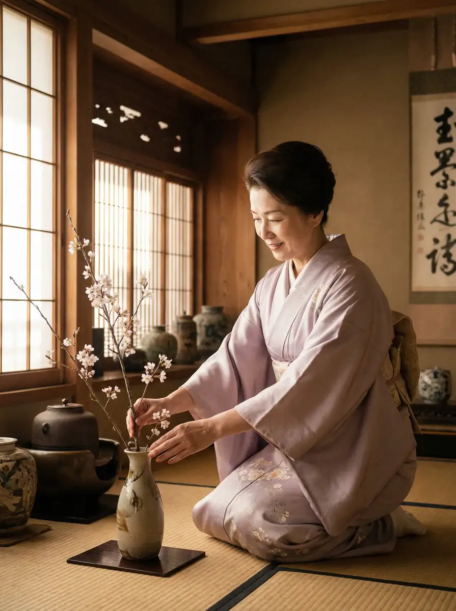 一位优雅的 神艺缘 在和室中插花